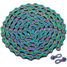 YBN S11 Rainbow 11-speed bicycle chain with multicolor finish, featuring hollow pins and DHA chromium hardening for durability.