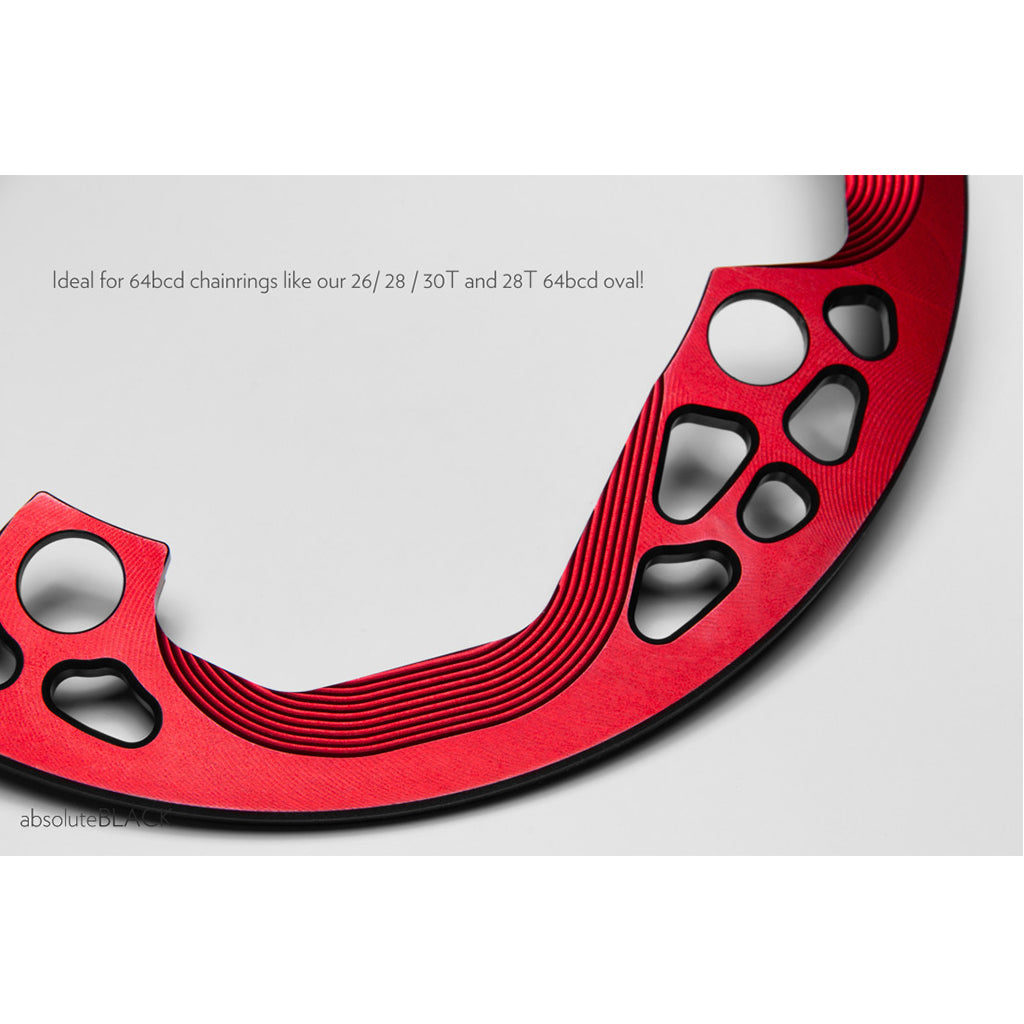 Close-up of the red Absolute Black Bashring 104BCD machining and mounting holes.