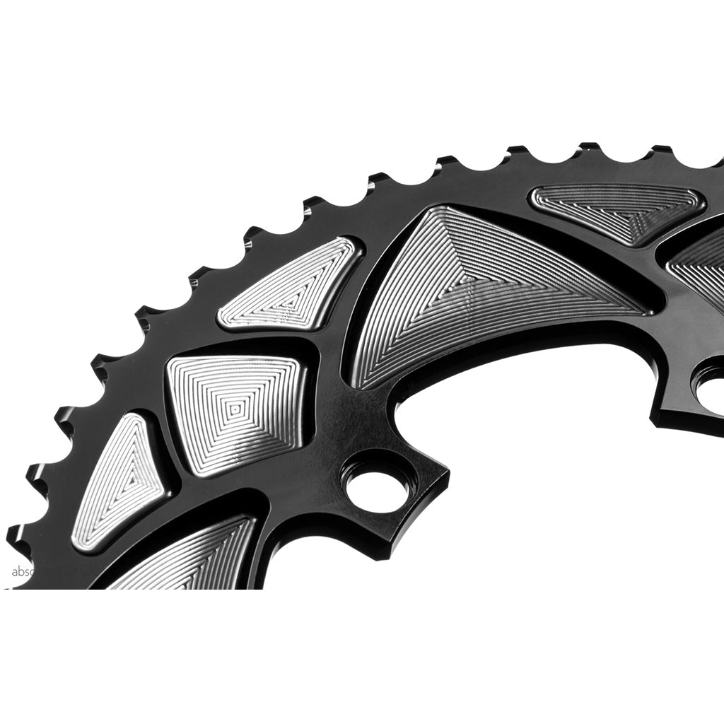 Absolute Black round 110/4 road chainring shift ramp detail