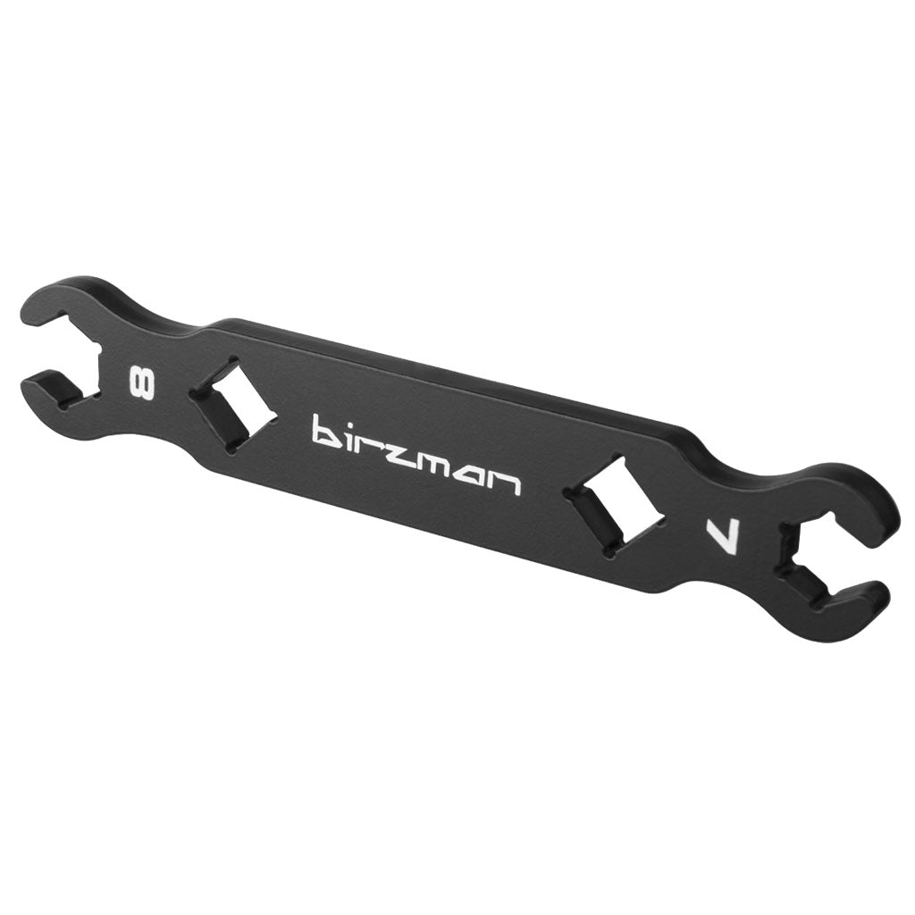 Birzman Flare Nut Wrench 7 & 8 double-sided open-end wrench on a wooden surface.