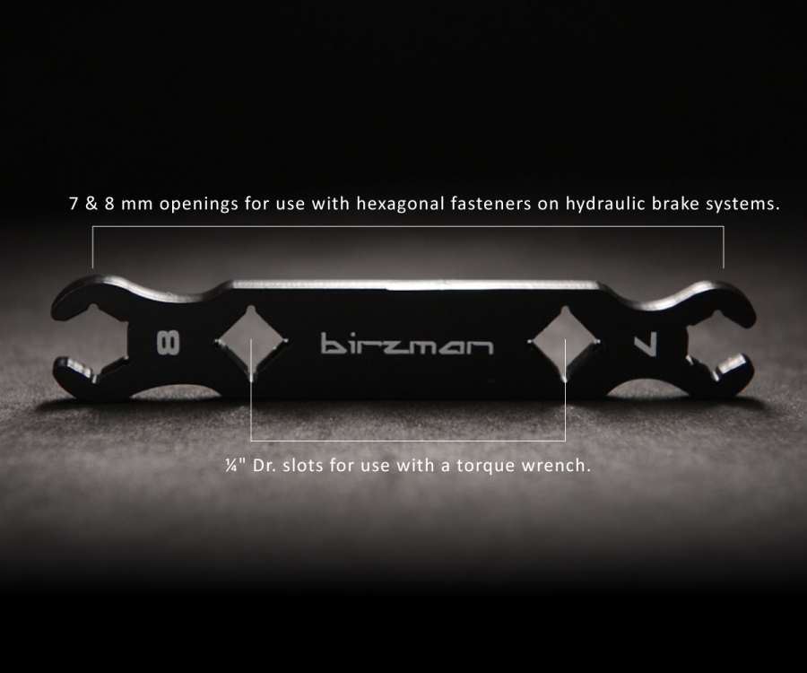 Diagram of the Birzman Flare Nut Wrench 7 & 8 labelling the 7/8mm openings and quarter inch torque wrench drive slots.