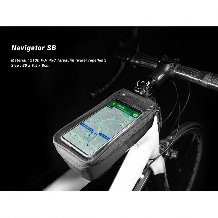 Side angle of the Birzman Navigator SB Top Tube Bag showing the touch-screen window.