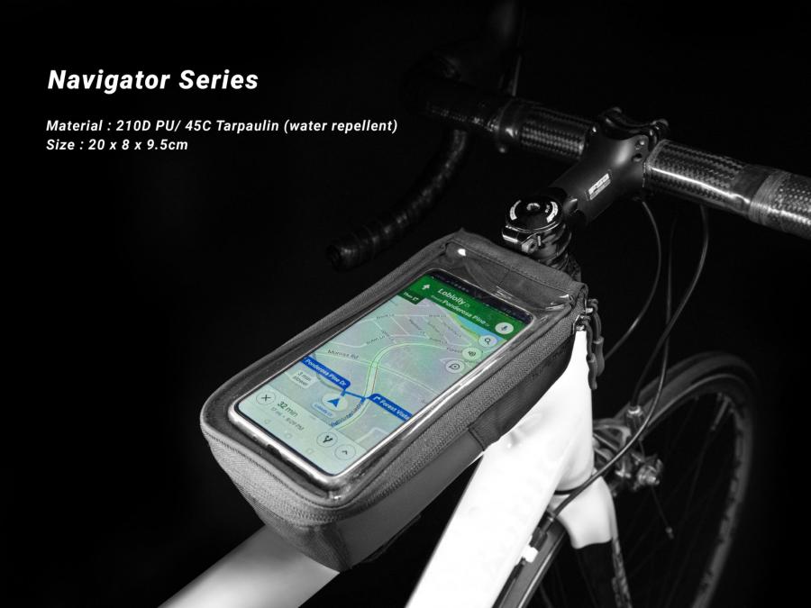 Birzman Navigator SB Top Tube Bag in use on a bicycle during a ride.