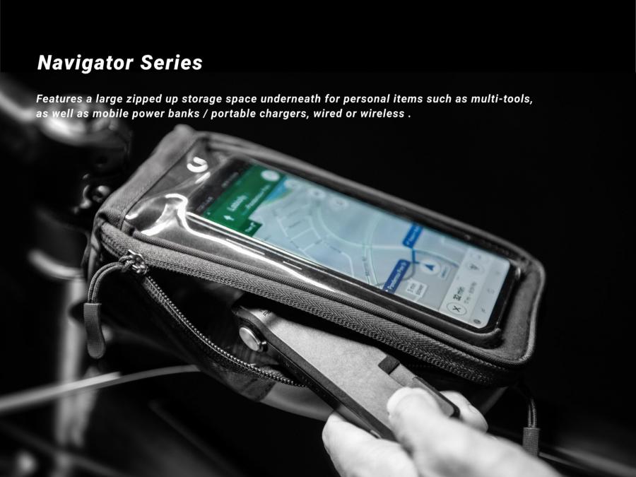 The Birzman Navigator SB Top Tube Bag's internal charging port and power bank pocket.