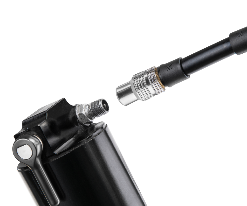 Birzman Salut Shock Pump attached to a rear shock valve.