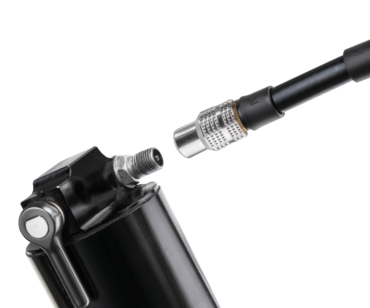 Birzman Salut Shock Pump attached to a rear shock valve.