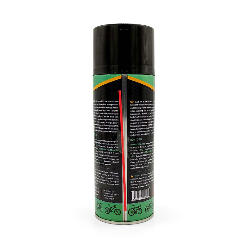 Back label of the Blub All in One spray can showing usage instructions, ingredients and barcode.