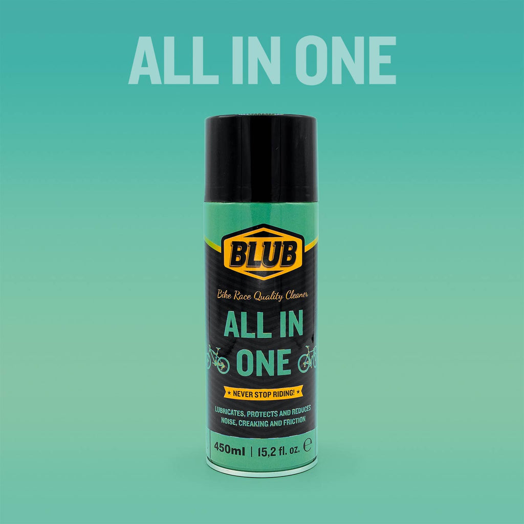 Blub All in One 500ml spray can shown against a teal gradient background with the product name overlay.