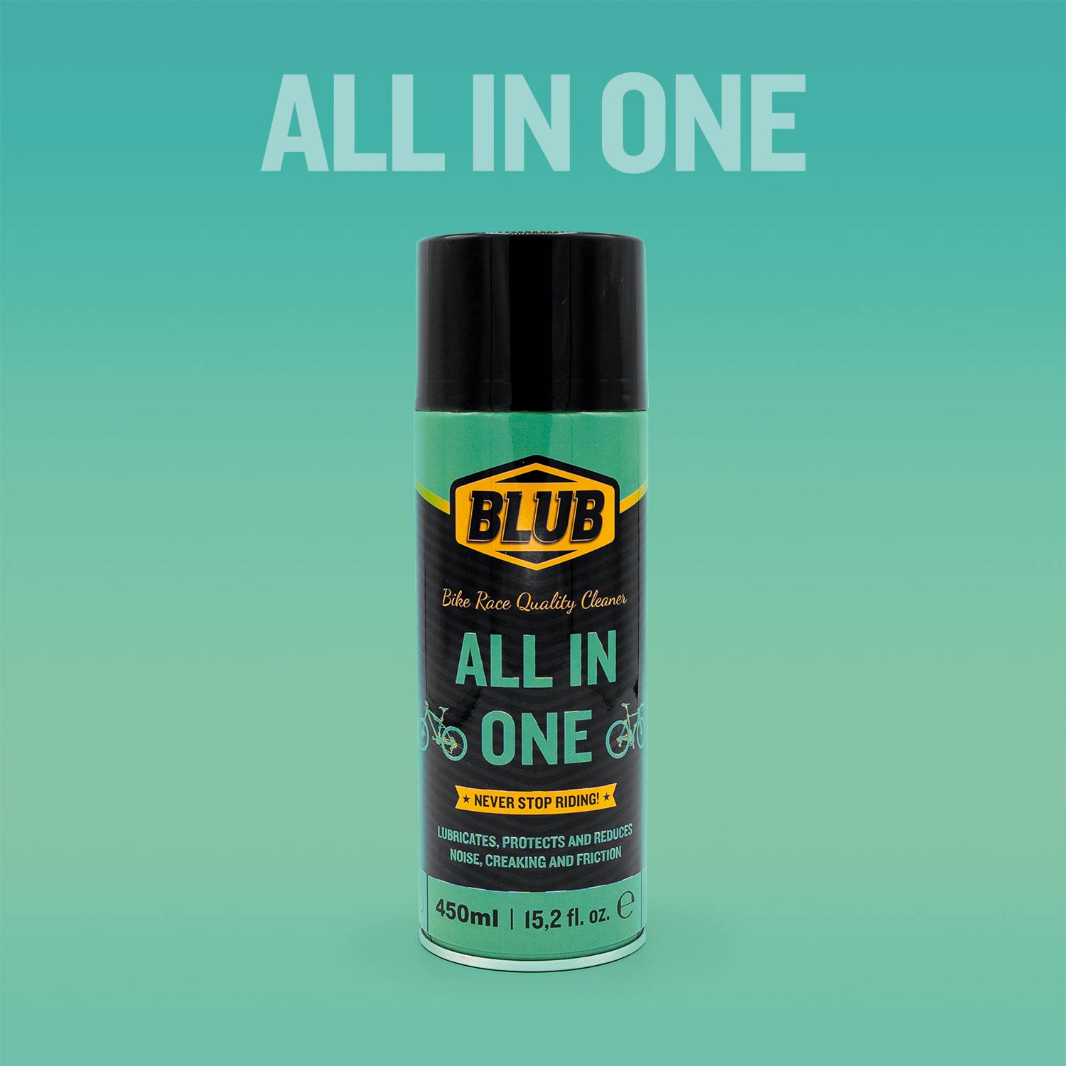 Blub All in One 500ml spray can shown against a teal gradient background with the product name overlay.