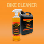 Blub Bike Cleaner 1L trigger-spray bottle shown in front of the 5L jerrycan on an orange background.