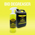 Blub Bio Degreaser 1L trigger-spray bottle shown next to the 5L jerrycan on a yellow background.