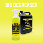 Blub Bio Degreaser 1L trigger-spray bottle shown next to the 5L jerrycan on a yellow background.
