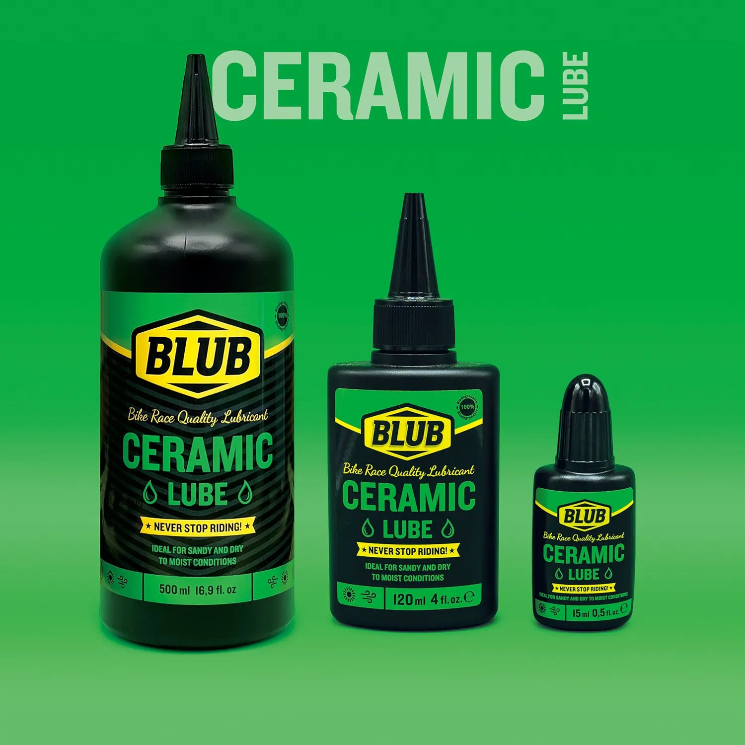 Blub Ceramic Lube family lineup showing the 500ml, 120ml and 15ml bottles side by side, green packaging.