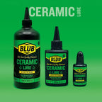 Blub Ceramic Lube family lineup showing the 500ml, 120ml and 15ml bottles side by side.