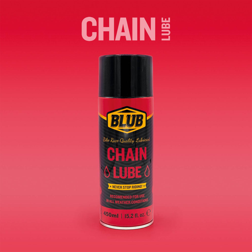 Blub Chain Lube 450ml can on a red gradient background with the Chain Lube product name above.