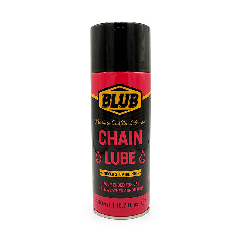 Blub Chain Lube 450ml spray can on a white background, showing the chain lubricant label.