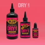 Blub Dry Lube family lineup showing the 500ml, 120ml and 15ml bottles on a pink background.