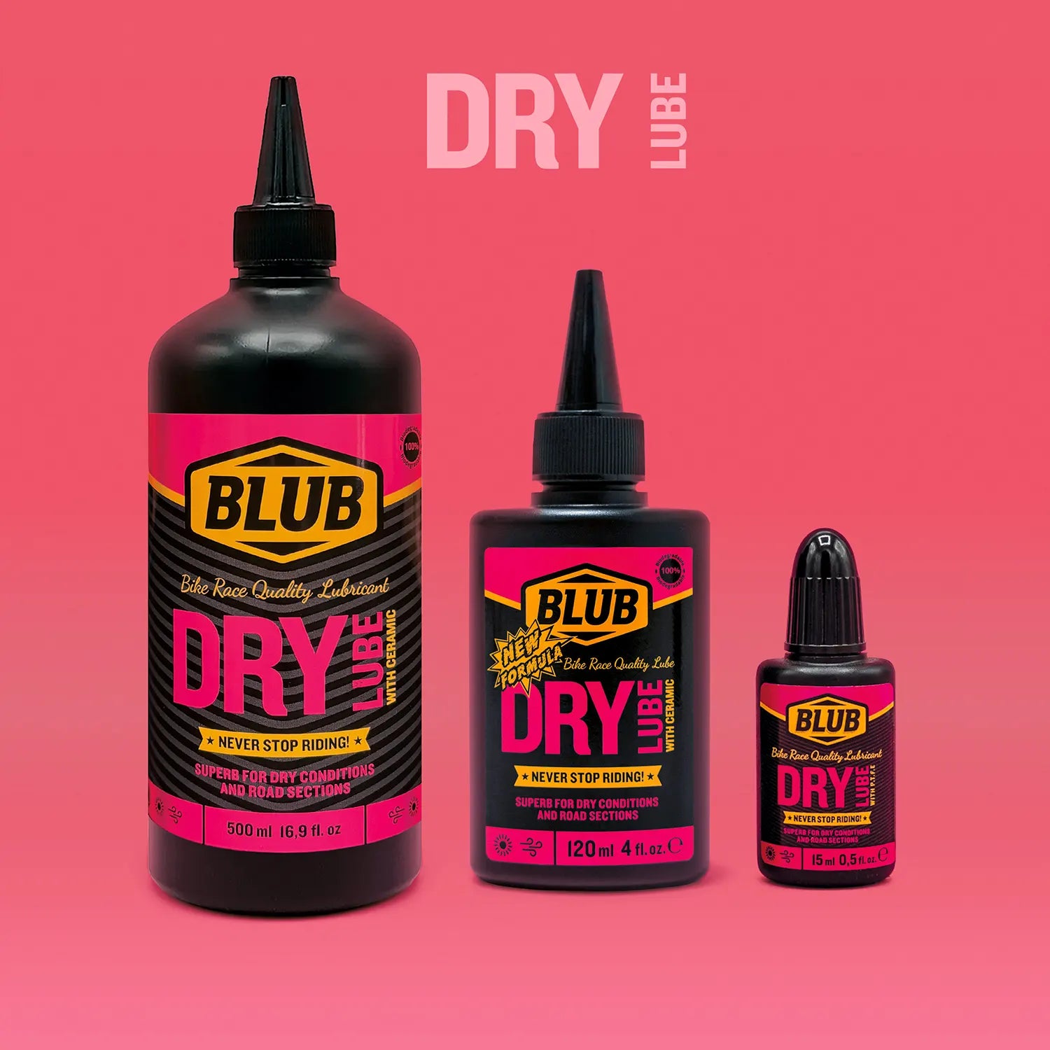 Blub Dry Lube family lineup showing the 500ml, 120ml and 15ml bottles on a pink background.