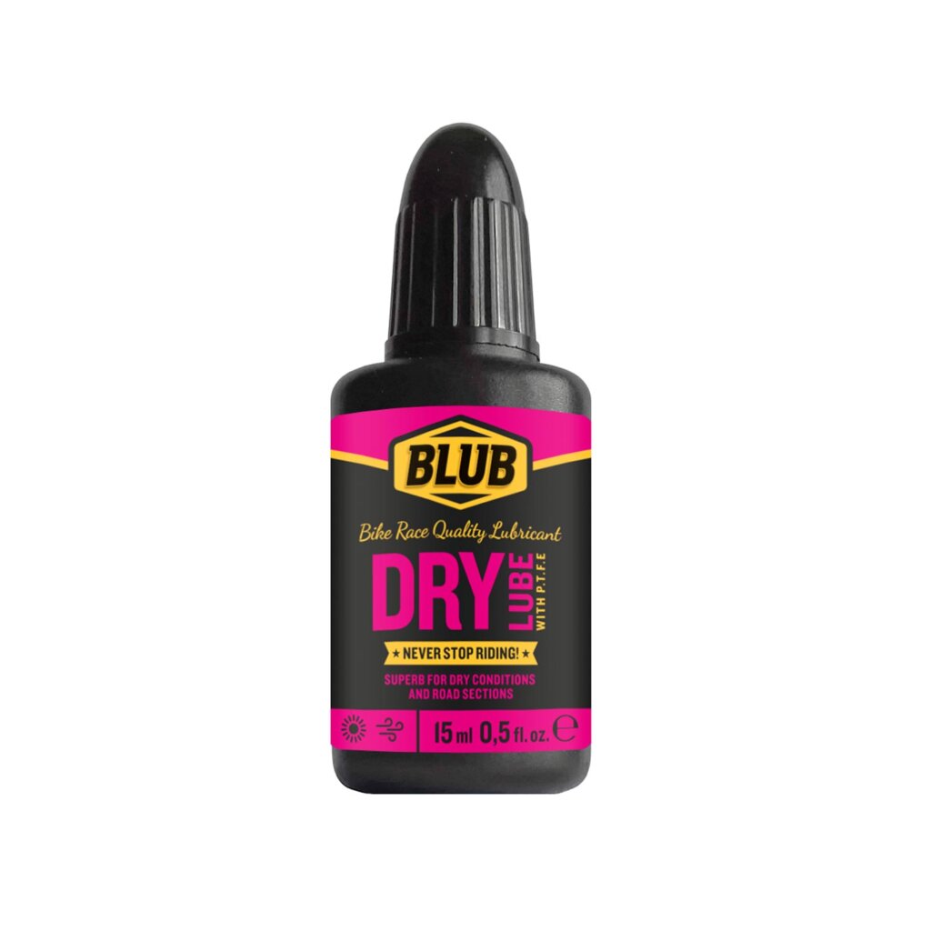 Blub Dry Lube 15ml bottle with dropper tip on a white background, showing the pink PTFE label.