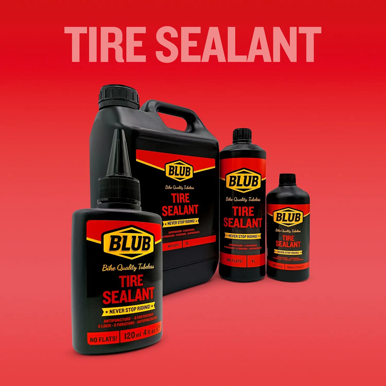 Blub Tire Sealant family lineup showing the 500ml bottle alongside the 120ml and 5L containers on a red background.