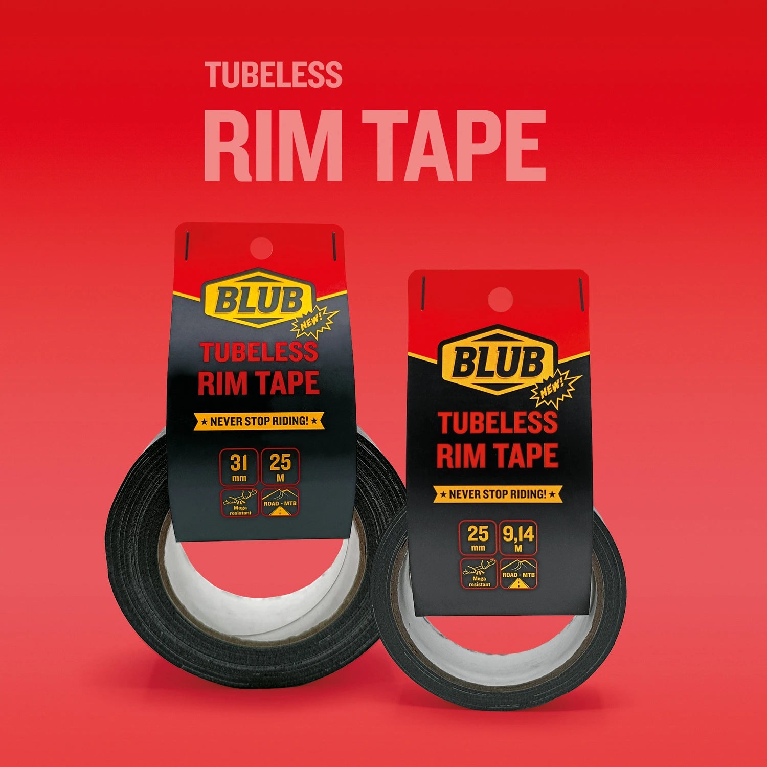 Blub Tubeless Rim Tape packaging for the 25mm x 9.14M roll, shown next to the 31mm x 25M roll.