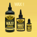 Blub Wax Lube family lineup showing the 500ml, 120ml and 15ml bottles on a pale yellow background.