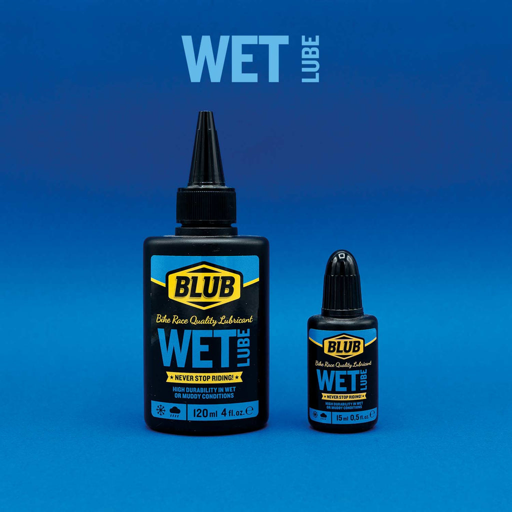 Blub Wet Lube family lineup showing the 120ml and 15ml bottles on a blue background with the product name.