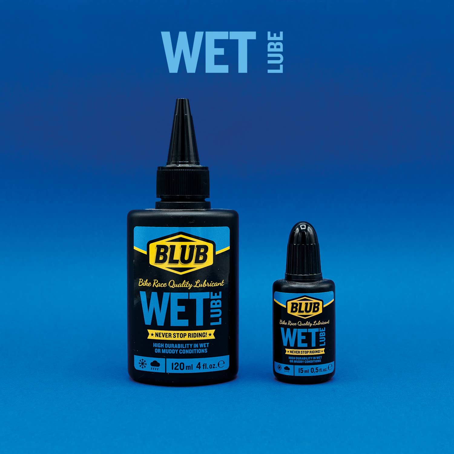 Blub Wet Lube family lineup showing the 120ml and 15ml bottles on a blue background with the product name.