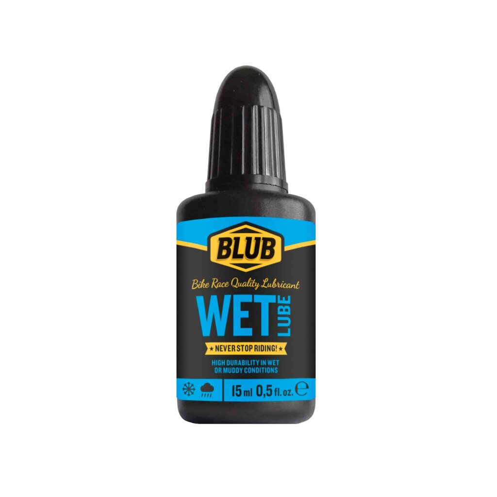 Blub Wet Lube 15ml bottle with dropper tip on a white background, showing the blue label.