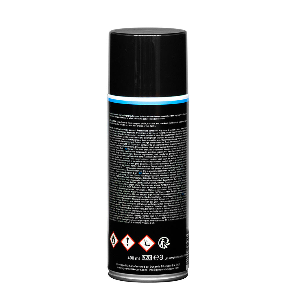A 400ml aerosol can of Dynamic Chain Cleaner Spray, essential for maintaining a clean and efficient bicycle drivetrain.