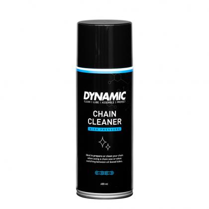 Dynamic Chain Cleaner Spray (400ml) being used on a bike chain, highlighting its easy application for deep cleaning.
