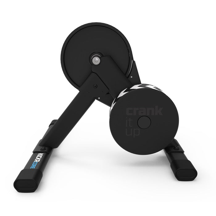 Wahoo KICKR CORE 2 smart trainer shown from the rear three-quarter angle highlighting its compact footprint for indoor cycling
