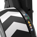 Close-up of the Wahoo KICKR CORE 2's WiFi and connection status LED indicators with safety warning icons