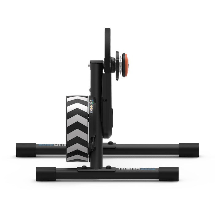 Rear view of the Wahoo KICKR CORE 2 smart trainer with chevron-patterned flywheel guard and WiFi connectivity indicator