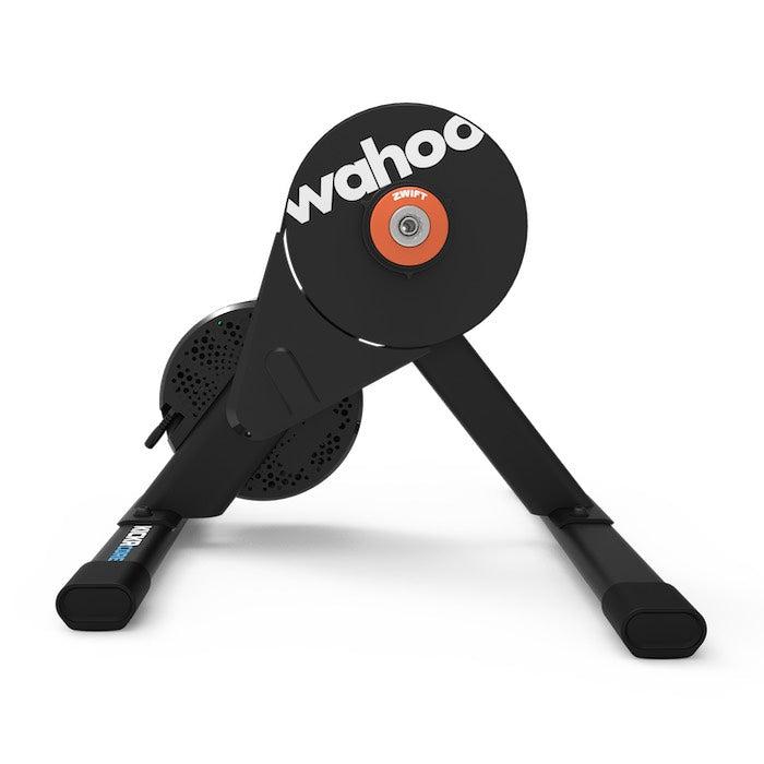 Side profile of the Wahoo KICKR CORE 2 smart trainer showing the perforated flywheel guard and KICKR CORE branded legs