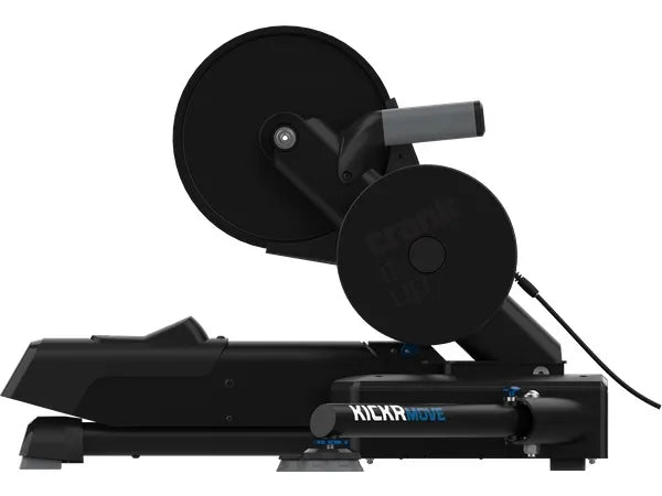 The Wahoo KICKR MOVE's base, with the lockout switch clearly visible, which allows the trainer to be fixed in a stable position.