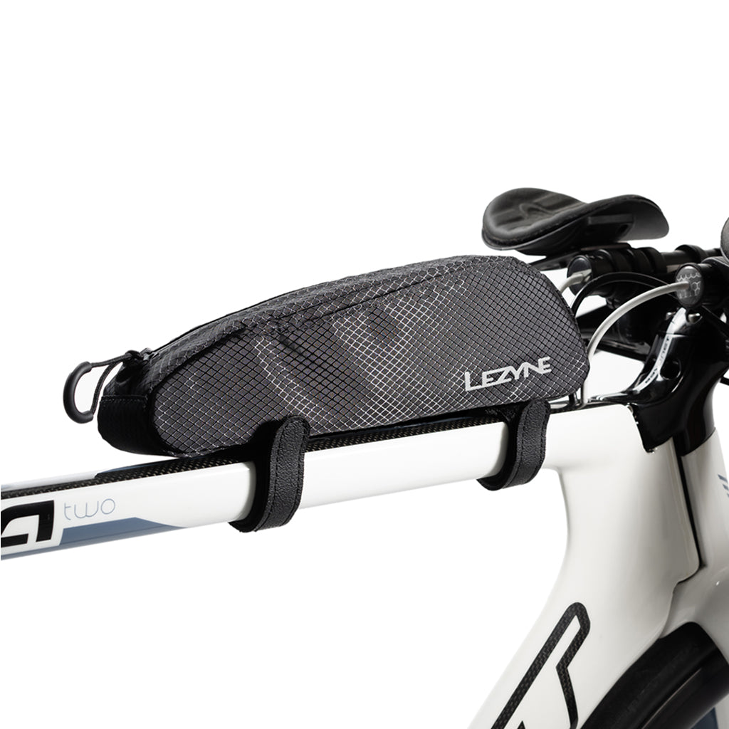 Lezyne Aero Energy Caddy Top Tube Bag side angle view showing zippered opening