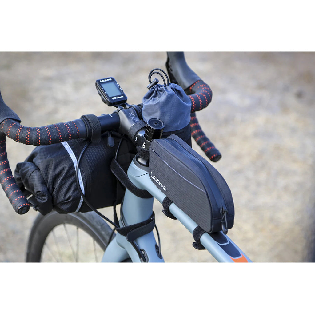 Lezyne Energy Caddy XL top tube bag Velcro strap attachment detail
