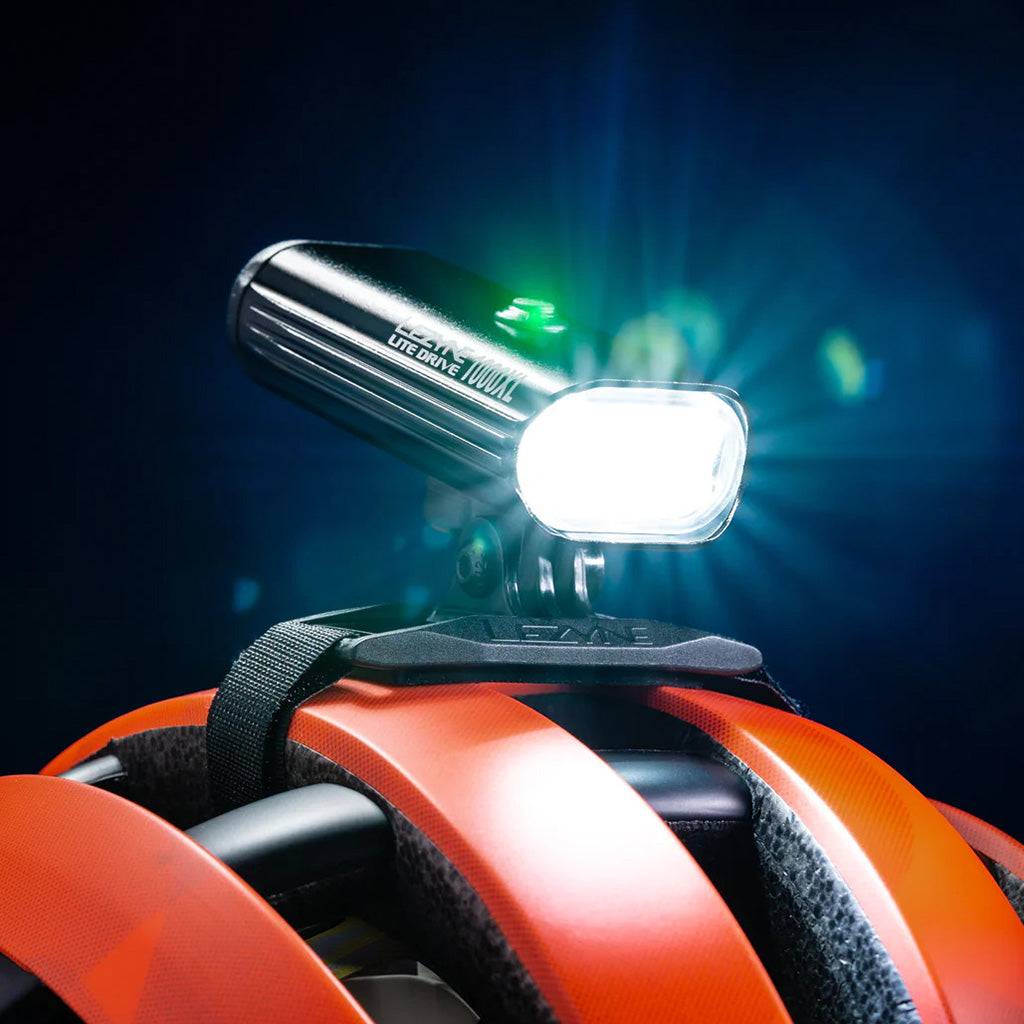 Lezyne LED Helmet Mount holding a Lezyne front light on a helmet