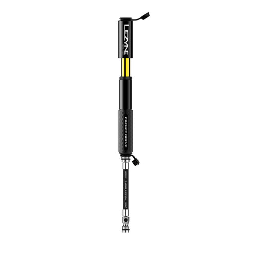 Lezyne Pocket Drive black hand pump shown with its handle extended.