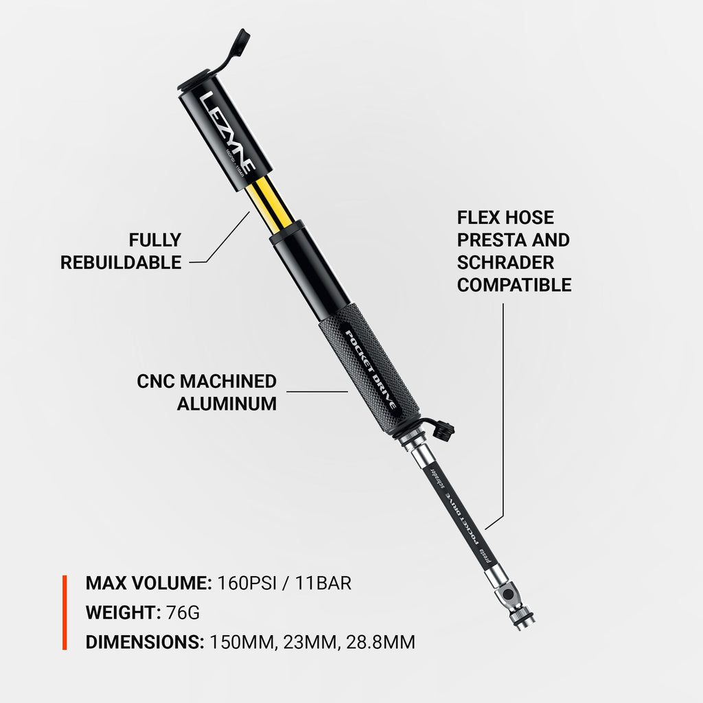 Lezyne Pocket Drive hand pump product feature detail.