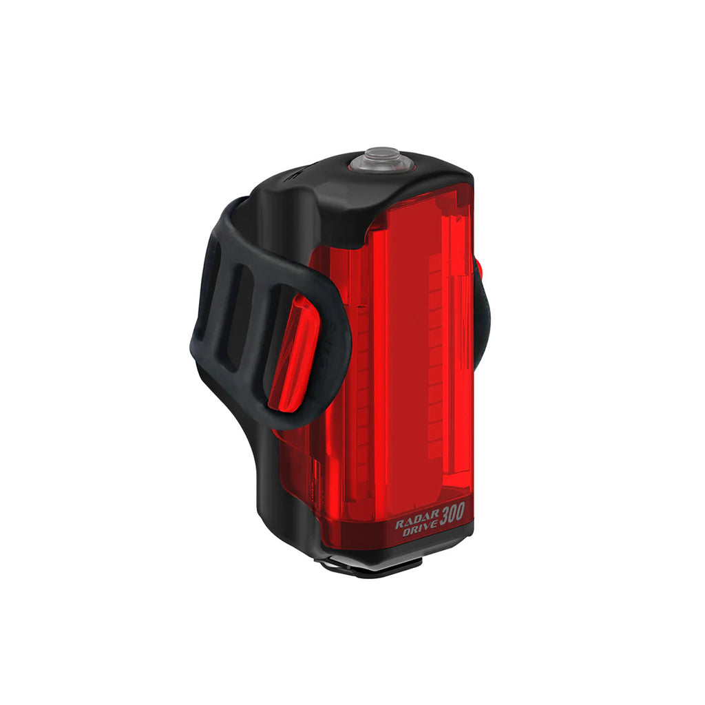 Close-up of the Lezyne React Drive front light with radar alert indicator