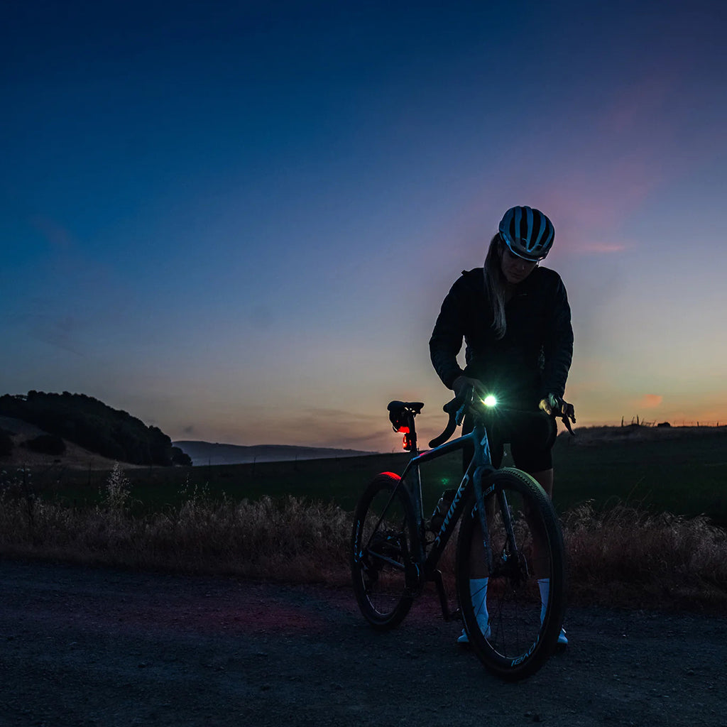 Lezyne Radar React system mounted on a road bike at night