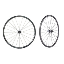 Two black Miche Reflex DX Disc road bicycle wheels on a clean white background.