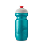 Teal/silver Polar Breakaway Wave single-wall bottle (590ml) with self-sealing Surge valve, ensuring leak-proof transport for cyclists.