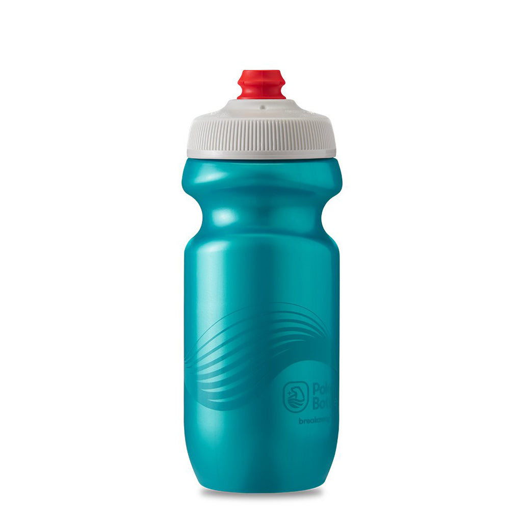 Teal/silver Polar Breakaway Wave single-wall bottle (590ml) with self-sealing Surge valve, ensuring leak-proof transport for cyclists.