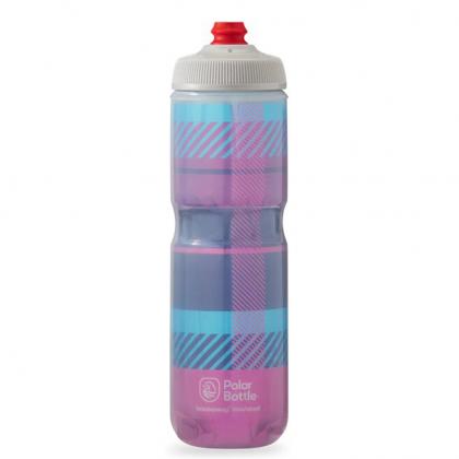 The 710ml Polar Breakaway Insulated Bottle in bubble gum pink and navy tartan, featuring Tri-Layer insulation and a spill-proof Surge Cap for long-lasting cold drinks and no-splatter hydration.