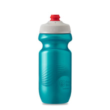 Teal/silver Polar Breakaway Wave single-wall bottle (590ml) with self-sealing Surge valve, ensuring leak-proof transport for cyclists.