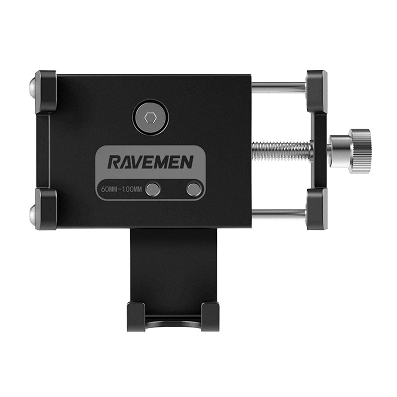 Alternate angle view of the Ravemen BPH01 bike phone holder showing the adjustable clamp arms and silicone pads.