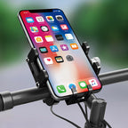 Smartphone secured in the Ravemen BPH01 holder while mounted on a bicycle handlebar.